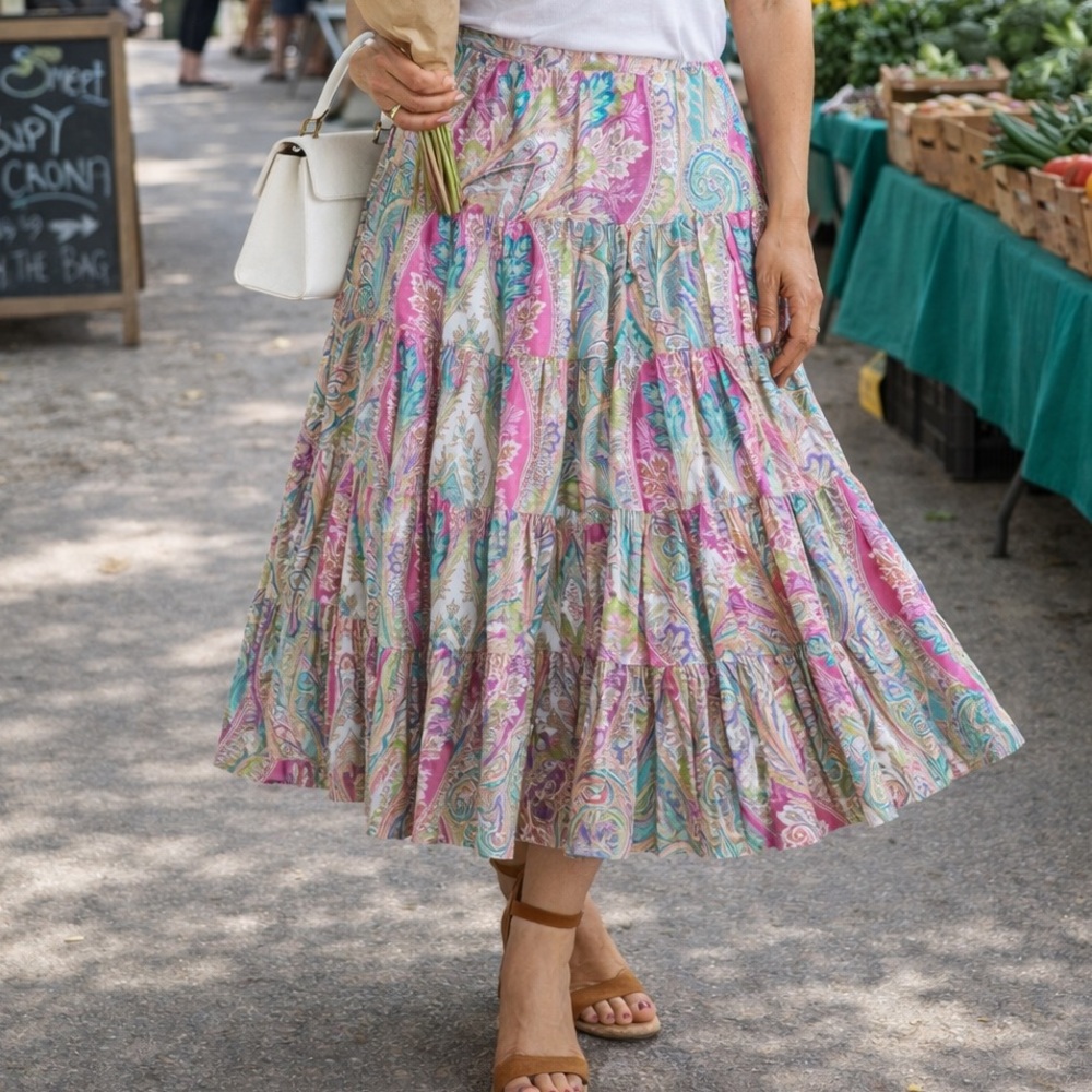Lauren Ralph Lauren Pink and Teal Paisley Tiered A-Line Skirt